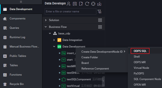 Create Data Development Node ODPS SQL